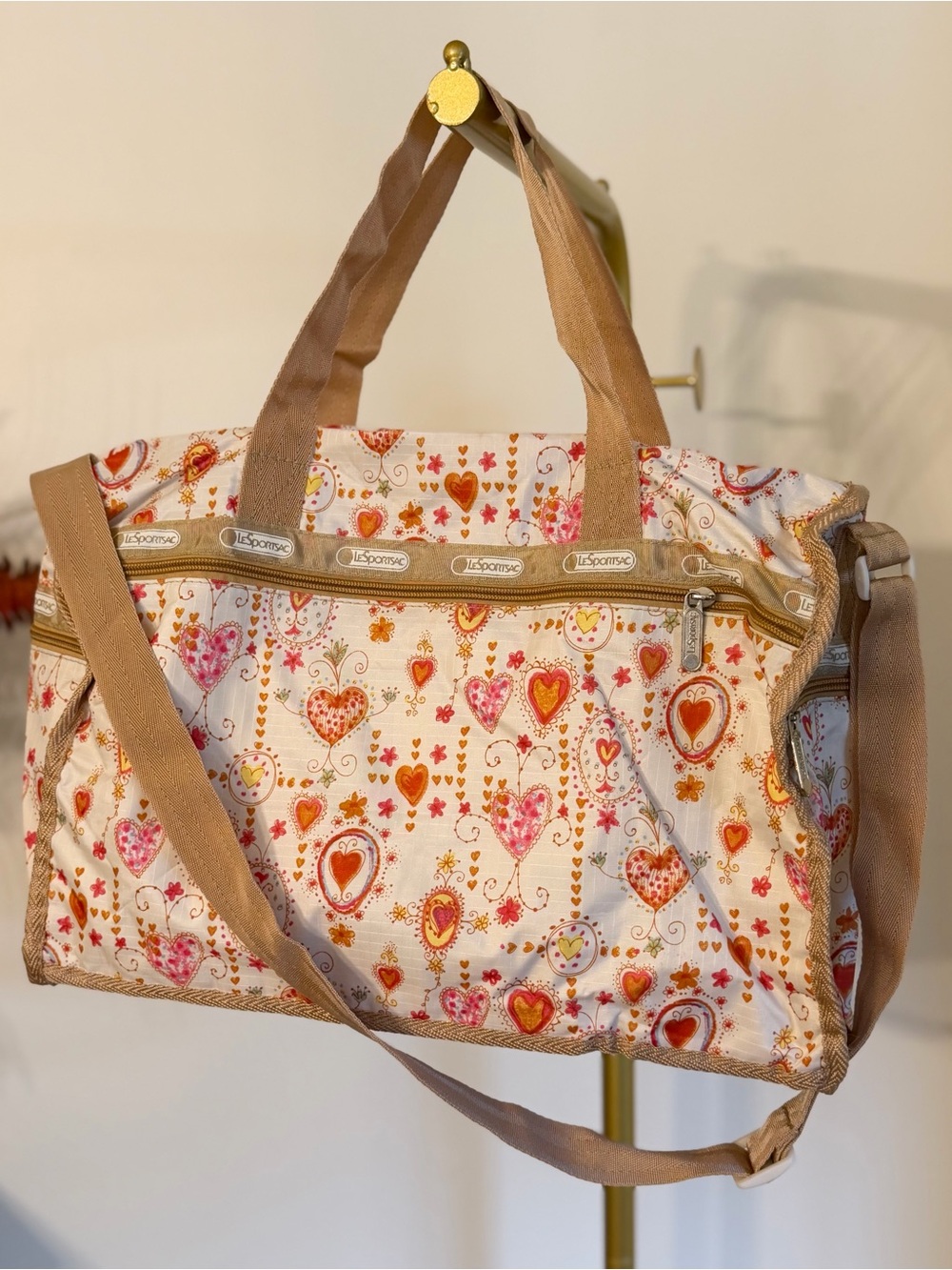 Lesportsac Pink, Red & Tan Heart-Print Medium Weekender Tote NWOT!